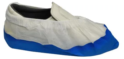 Produktbild von NITRAS Überschuhe mit CPE-Laufsohle, Polypropylen, weiß, Chloriertes Polyethylen, blau, mit Gummiband, Länge ca. 41 cm, Breite ca. 20 cm, Stärke Sohle ca. 60 μ, Beutel à 50 Stück | Karton (16 Packungen)