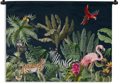 Produktbild von MuchoWow® Wandteppich Wandbehang Dschungel - Pflanzen - Tiere - Kinder - Flamingo - Zebra 150x112.50 cm Tapisserie Dekoration Wandtuch - Wanddecke - Wandteppiche