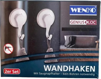 Produktbild von Wenko Genius Loc 2x Wandhaken mit Saugnapfhalter, Handtuchhalter weiß ohne Bohren