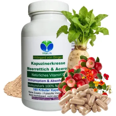Produktbild von Kapuzinerkresse Meerrettich + Acerola Vitamin C 180 Pulver Kapseln Immunstark nach Hildegard von Bingen - Natur Pur Ohne Zusatzstoffe
