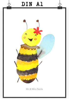 Produktbild von Mr. & Mrs. Panda Bild Biene Happy DIN A1 - Weiß - Geschenk, wanddeko, Plakat, Wanddekoration, Kunstdruck, Wandbild