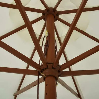 Close-up view of the internal structure of a wooden umbrella.