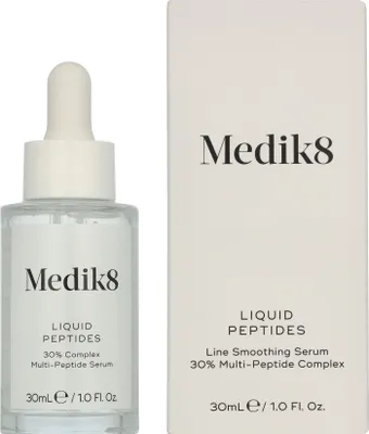 A bottle of Medik8 Liquid Peptides serum and its packaging are displayed against a white background.