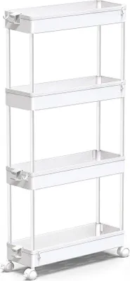 Immagine prodotto di Carrello a 4 ripiani con ripiani in plastica e acciaio inossidabile per cucina, bagno, lavanderia, ufficio, bianco