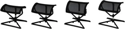 Four black mesh ottomans are shown in a row against a white background, each at a slightly different height or angle.