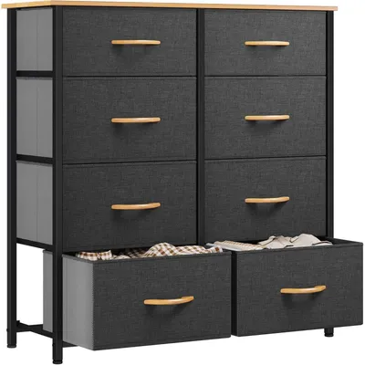 Immagine prodotto di Comodino con 8 cassetti rivestiti in tessuto, struttura in metallo, piano in legno, colore grigio scuro, dimensioni 86x30x90 cm