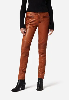Immagine prodotto di Pantaloni in pelle Ricano da donna, jeans in pelle DONNA in nappa di capra morbida come il burro - cognac / XL