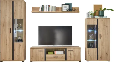 Produktbild von HBZ-MEBLE Wohnwand KANADA, Artisan Eiche, Modern, 4-teilig mit LED-Beleuchtung, Braun Schwarz, 340 x 196 x 40 cm, zerlegt zur Selbstmontage