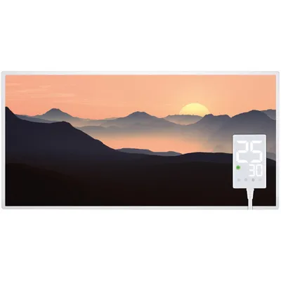 A digital panel heater with a landscape image of a sunset over mountains.