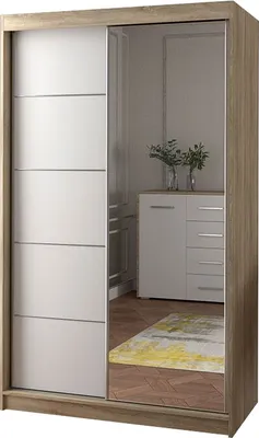 Produktbild von Kleiderschrank mit Spiegel Schwebetürenschrank 2-türig Schrank mit vielen Einlegeböden und Kleiderstange Gaderobe Schiebtüren Schlafzimmer- Wohnzimmerschrank Modern Design BxHxT 120 cm x 200 cm x 61 cm - Noah 05 (Sonoma + Weiß)
