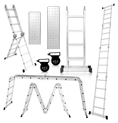 Produktbild von 4x4 Stufen Aluminium Mehrzweckleiter, 470 cm 7 in 1 Multifunktionsleiter mit Plattform, Leiter mit 2 Gerüstplatten, Klappleiter mit 16 Stufen, Silber