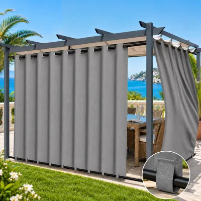 Produktbild von Outdoor Vorhang mit Ösen Grau 254 x 244 cm Winddicht Thermo Gardine Extra Breit 100% Verdunkelung UV Schutz Blickdicht Balkonvorhang für Pavillon Terrasse