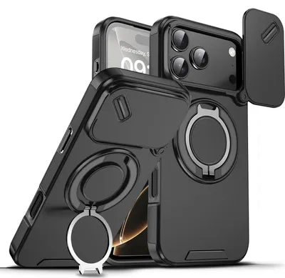 Obrázek produktu pro Dvouvrstvé pouzdro pro iPhone 17 Pro Max, s posuvným krytem fotoaparátu a magnetickým kroužkovým stojánkem Černý