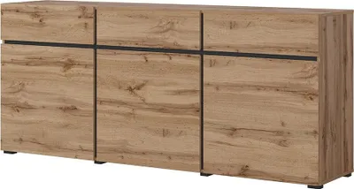 Image de Buffet coloris chêne et noir 180cm collection HAVANA. Bahut design avec 3 portes et 3 tiroirs.