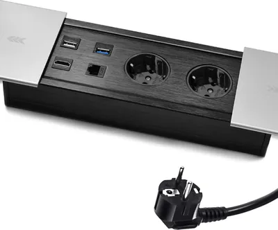 Produktbild von Gniazdo na biurko Listwa wielogniazdowa metalowa 2X Schuko, 1x USB 2.0, 1x USB 3.0, 1x HDMI, 1x CAT6, kabel 1,5m z wtyczką. do gniazdka na biurko, Spacetronik SPSS26S_V2 Srebrny