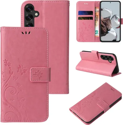 Produktbild von Handyhülle für Samsung Galaxy S25 FE Floral Blumen Schmetterling Flip Cover Hülle Case Klapphülle Handytasche Farbe: Rosegold