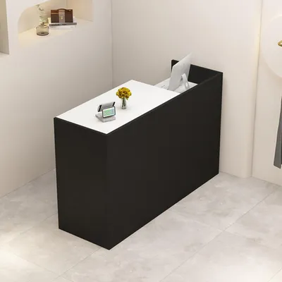 Image de Comptoir de réception, comptoir d'accueil, présentoir de en bois avec espace de rangement, dimensions 100x50x100 cm, noir et blanc (plateforme droite)