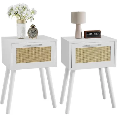 Produktbild von Nachttisch 2er Set Rattan Beistelltisch mit Magnetschublade Massivholzbeinen 35x27x53 cm Weiß