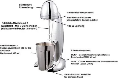 Produktbild von JUNG CM01 Milchshake Mixer, 100W, Edelstahl Mixbecher 600ml, Fitness Shaker, Eiweißshake, Cocktail Mixer, Milchschaum Aufschäumer, Puls-Funktion