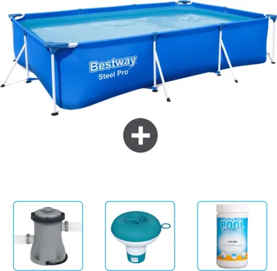 Produktbild von Bestway rechteckiger Steel Pro-Schwimmbecken – 300 x 201 x 66 cm – Blau – im Lieferumfang enthalten Pumpe - Chlorschwimmer - Chlor