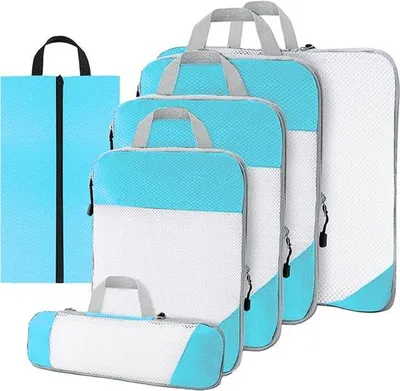 Produktbild von Kompressions-Packwürfel Set 6-teilig – packing cubes mit Kompression für Koffer und Rucksack – Hellblau – Thousandtravelmiles