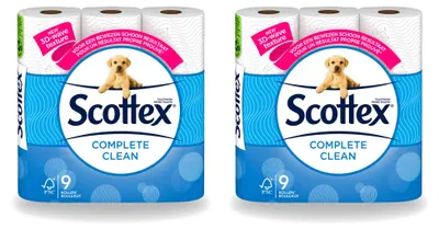 Imagen del producto de 2 rollos de papel higiénico Scottex Complete Clean, de doble capa, pack económico