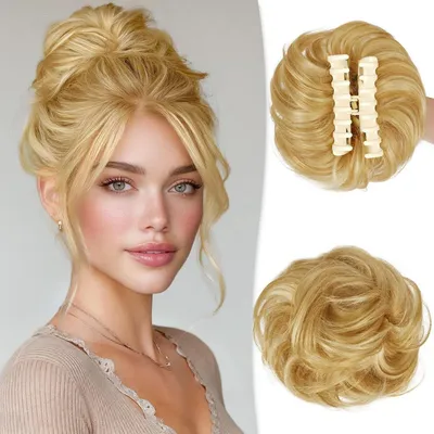 Immagine prodotto di Parrucca effetto capelli veri, modello "messy bun" (chignon disordinato), ondulata, biondo dorato, 40 grammi
