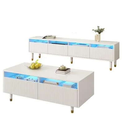 Produktbild von AIORBER Modernes LED-Wohnzimmer-Set: Weiß-Gold TV-Schrank mit 4 Türen & Couchtisch mit 2 Schubladen – LED-Beleuchtung & Wellenstruktur