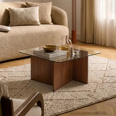 Produktbild von Couchtisch 'Benexjö' 70 x 70 x 36 cm mit Glasplatte Rauchglas quadratisch Walnussoptik/Grau