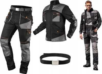 A man wearing a work set, with the individual pieces laid out separately.