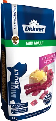 Produktbild von Dehner Premium Hundefutter, Trockenfutter getreidefrei, für ausgewachsene Hunde kleiner Rassen, Ente / Lamm / Kartoffel, 8 kg