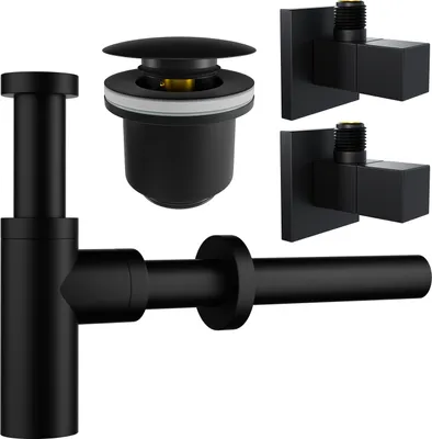 Produktbild von kör4u Design-Set schwarz matt - Siphon mit Pop-Up Ablaufventil und zwei Eckventilen