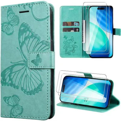 Image de Coque + 2 Verres Trempés pour iPhone 17, Protection Antichoc Cuir Synthétique Motif Relief Papillon Vert