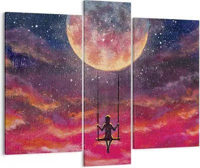 Produktbild von Bild auf Leinwand - Leinwandbild - 3 Teile - Mond Schaukel Frau - 95x80cm - Wand Bild - Wanddeko - Wandbilder - Leinwanddruck - Bilder - Wanddekoration - Leinwand bilder - Wandbild - CB95x80-5095
