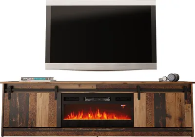 Obrázek produktu pro TV skříňka GRANERO 200 cm STARÉ DŘEVO s elektrickým krbem Frézovaná čela MDF Nízká stolní deska Příborník Komoda Hi-Fi stolek Televizní stolek Moderní chalupářský styl Rustikální styl Televizní stolek Vysoká kvalita