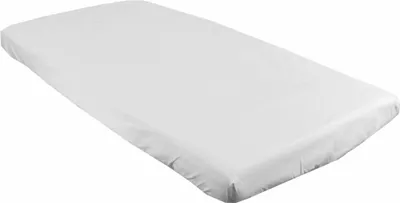A white fitted sheet for a baby crib is shown on a white background.
