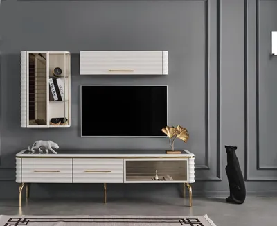 Produktbild von Weiße Wohnwand Designer TV-Schrank Luxus 2x Wandschränke Moderne Möbel