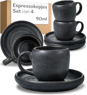 Espressotassen-Set 4x 90 ml, Keramik, Schwarz, mit Untertassen