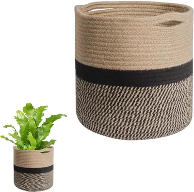 Image de Pot en tissu pour plantes, pot de fleurs, pot décoratif de 20 cm, aspect rotin, corbeille pour plantes d'intérieur, pot à fleurs décoratif