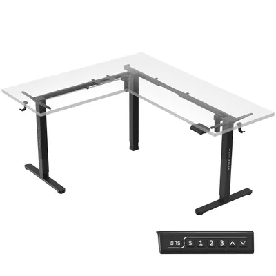 A black L-shaped standing desk frame with a control panel in the foreground.