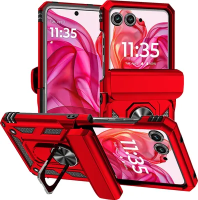 Multiple views of a red phone case with a ring kickstand and hinge cover, displayed against a white background.