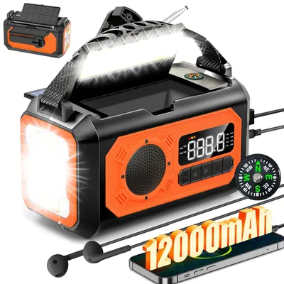 Obrázok produktu pre Prenosné rádio Noodradio – 12000 mAh, oranžová farba – AM/FM rádio so solárnym panelom a baterkou