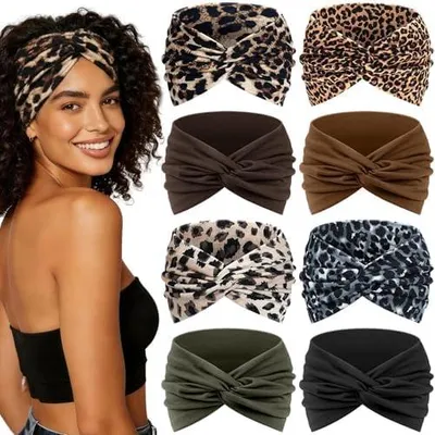 Produktbild von Haarband Damen, Stirnband 7'' Extra Breit Gekreuzt - 8er Set, Boho Mehrfarbig Headband, Elastisch und Weich Kopftuch, für Sport, Kosmetik (Leoparden Militärgrün)