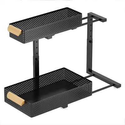 Produktbild von 2-stufiger ausziehbarer Küchen- und Badezimmer-Organizer - L-förmiges Metallregal verstellbar - Schwarz Weiß - Unterspülen Aufbewahrungssystem