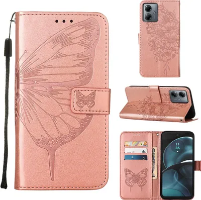 Produktbild von Lederhülle für Motorola Moto G14 Schmetterling Prägung Flip Ledertasche Kartenfächer Handyhülle mit Ständer Pink