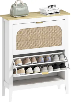 Image de HOMCOM Meuble à chaussures 14 paires, armoire à chaussures étroite bohème avec 2 tiroirs rabattables, portes effet cannage rotin et étagères réglables, pour couloir et entrée, 80x24x95,5cm, blanc