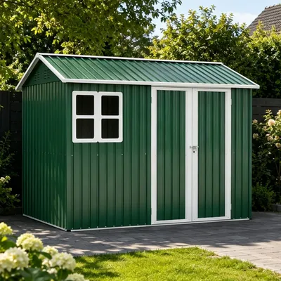 Produktbild von Geräteschuppen Gerätehaus Metall Gartenhaus Satteldach Lagerschuppen Grün 9m³ mit Fenster Fundament