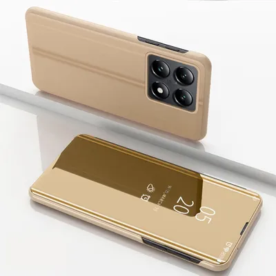 A gold flip case for a smartphone is shown, with the phone inside and the cover closed, displaying the time and date.