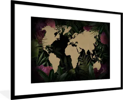 Produktbild von MuchoWow® MuchoWow® Gerahmtes Poster Weltkarte - Blumen - Blätter 90x60 cm - Poster mit zchwarzem Bilderrahmen - Wanddekoration - Fotos