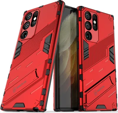 Produktbild von Armor Hülle für Samsung Galaxy S22 Ultra 5G, Hybrid PC TPU Bumper Stoßfestes Schutzhülle mit Standfunktion Rot